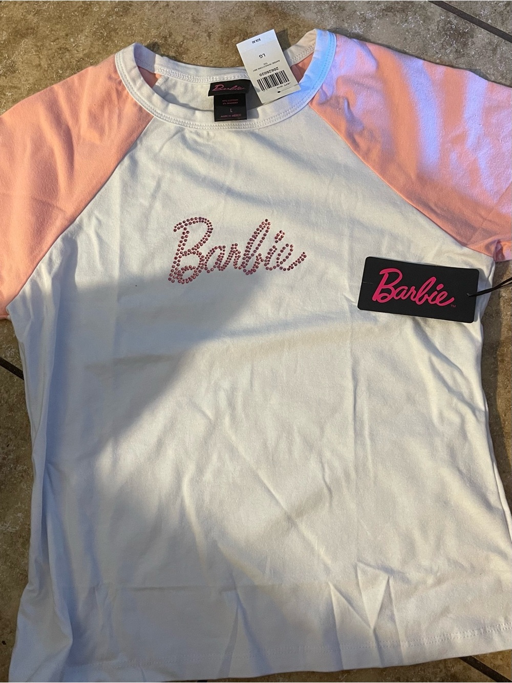 Hot Topic Barbie Rhinestone Logo Tee shirt L in White and Pink NWT